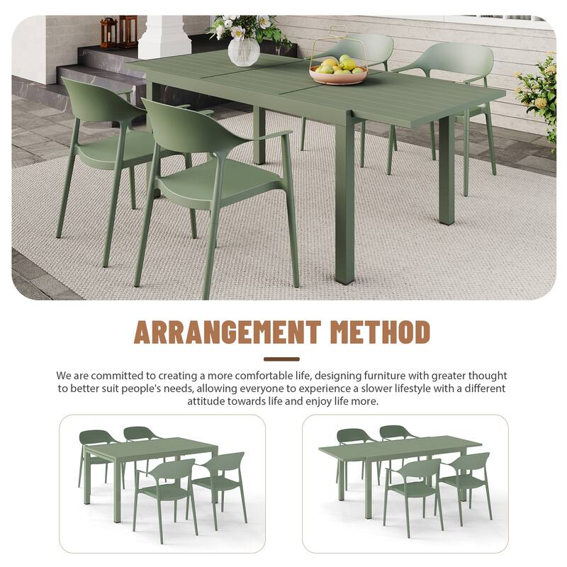 Outdoor Dining Set 5-Piece Stackable Plastic Lightweight Curved Backrest Armchair and Extendable Dining Table