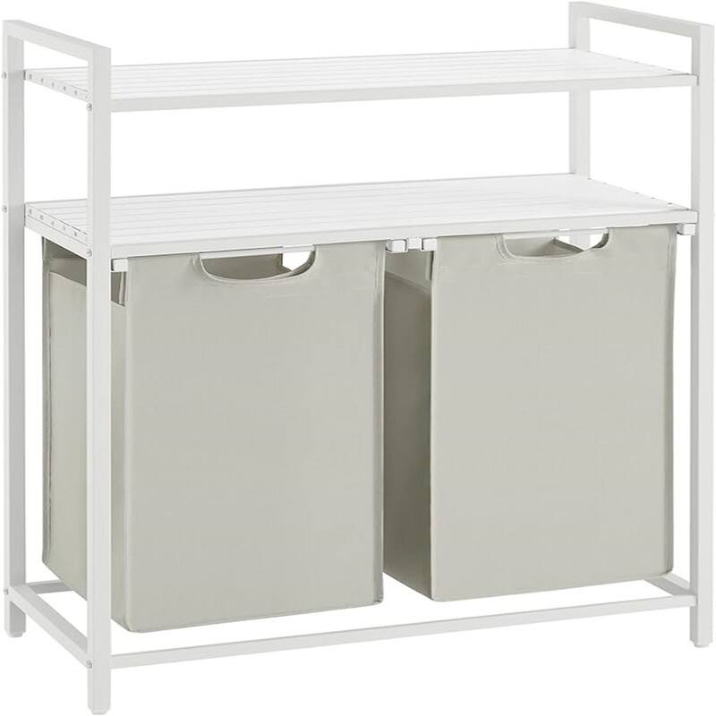 Laundry Sorter with 2 Pull-Out and Removable Bags, 2 Shelves - 28.8"L x 13"W x 36.2"H - White