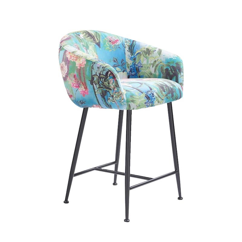 26 Inch Counter Stool Chair, Botanical Floral Print Blue Velvet, Black Legs