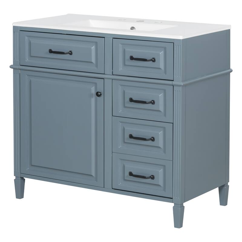 Roomfitters 36" Bathroom Vanity with Sink, Solid Wood Legs, 4 Drawers & Soft-Close Door with Storage Rack