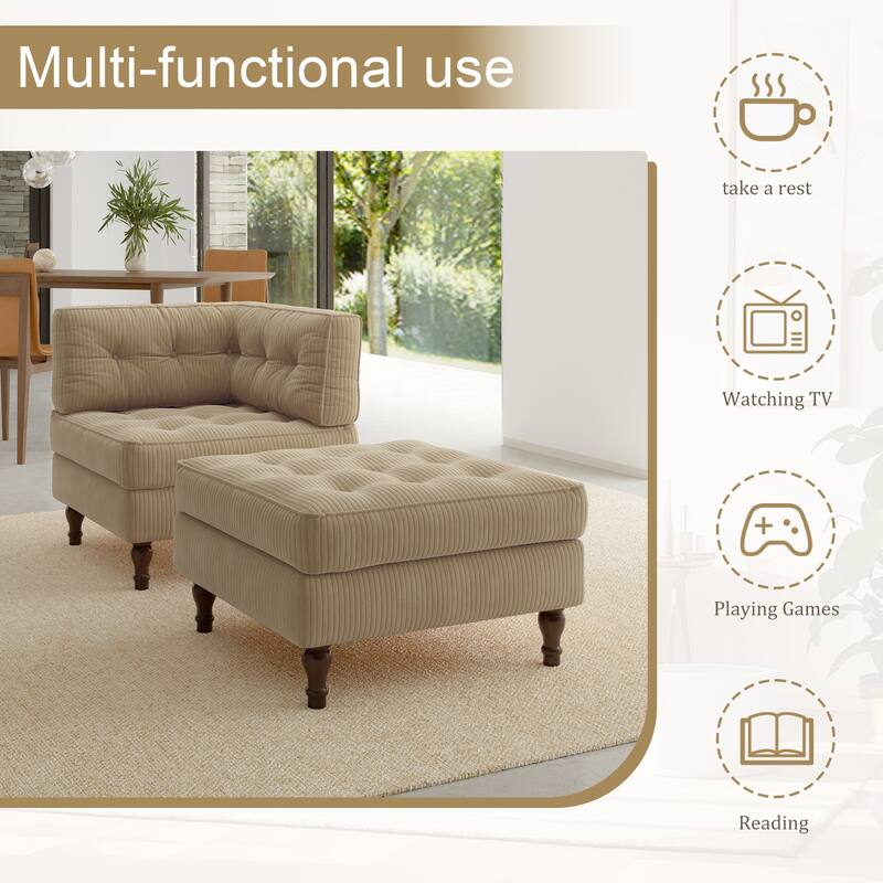 Corduroy Tufted Accent Chair Armchair and Ottoman Set