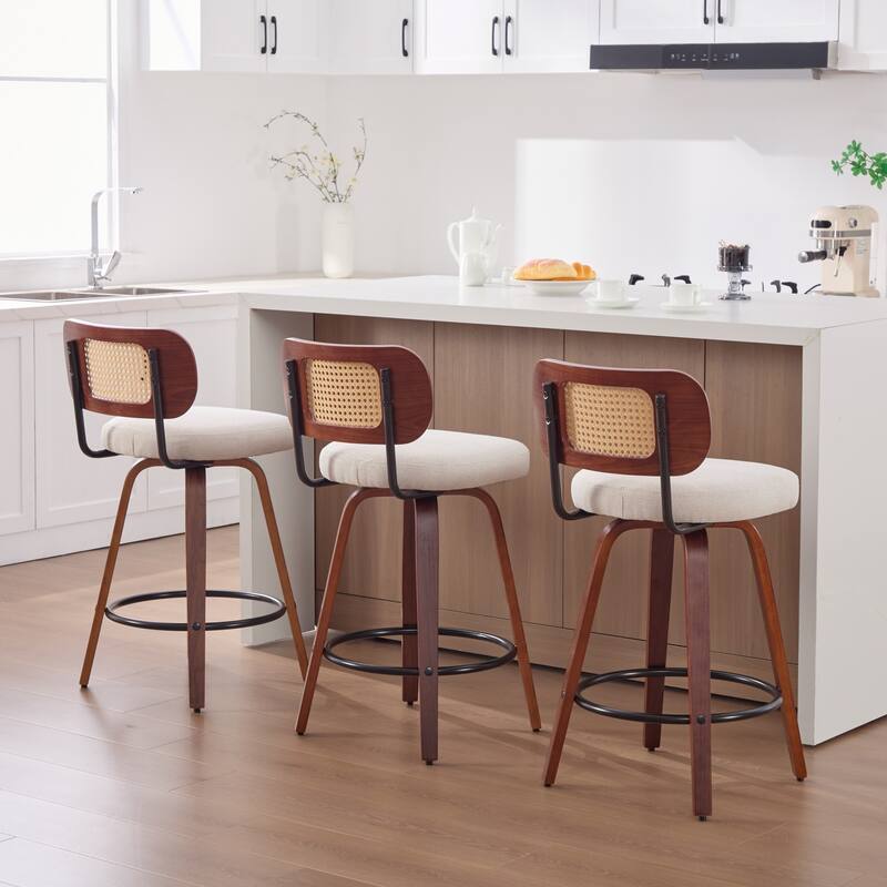 GDFStudio - Renley Rustic 26" Rattan Cane Back 360° Swivel Counter Height Bar Stools