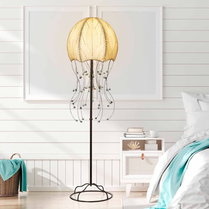 Handmade Jellyfish Large Floor Lamp, Cocoa Leaves Shade, 15 x 15 x 64 in.