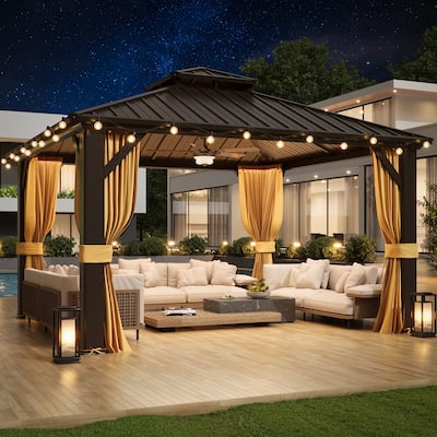 AVAWING 10x10 Outdoor Double Roof Gazebo with Galvanized Steel Double Roof, Aluminum Frame, Curtains & Netting