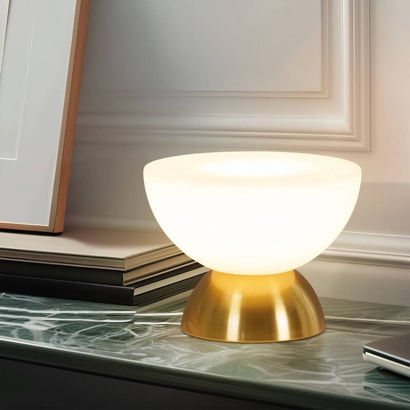 Brightech Lamina LED Vintage Antiqued Brass Gold Midcentury Round Dome Dimmable Bedside Nightstand Desk Lamp