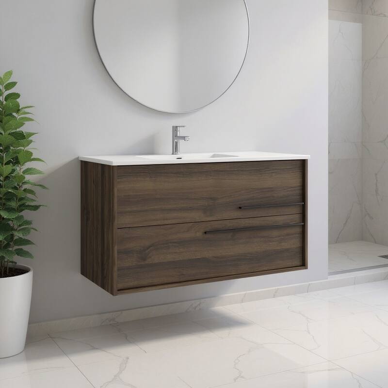 HomeRoots 40" Dark Brown Wood Floating Bathroom Vanity With White Sink And Two Drawers - 40.00 in. x 24.60 in. x 21.60 in. - 40.00 in. x 24.60 in. x 21.60 in. - Polished - Dark Brown