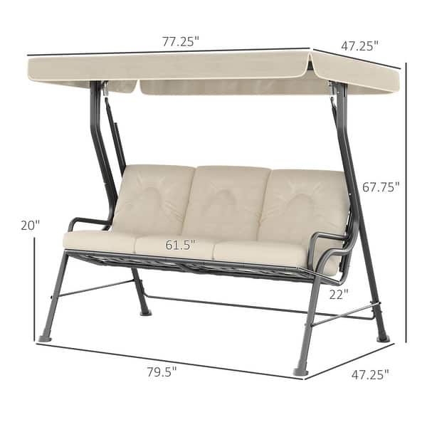 dimension image slide 1 of 3, Outsunny Outdoor Patio Porch Swing Bench with Included Adjustable Shade Awning & Comfort Padded Seating for Three People