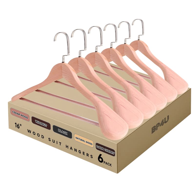 BP4U Premium Wide Shoulder Wooden Suit Hangers, 16-Inch Heavy-Duty Solid Wood Coat Hangers for Women's Clothes - 6-Pack - Cedar Wood
