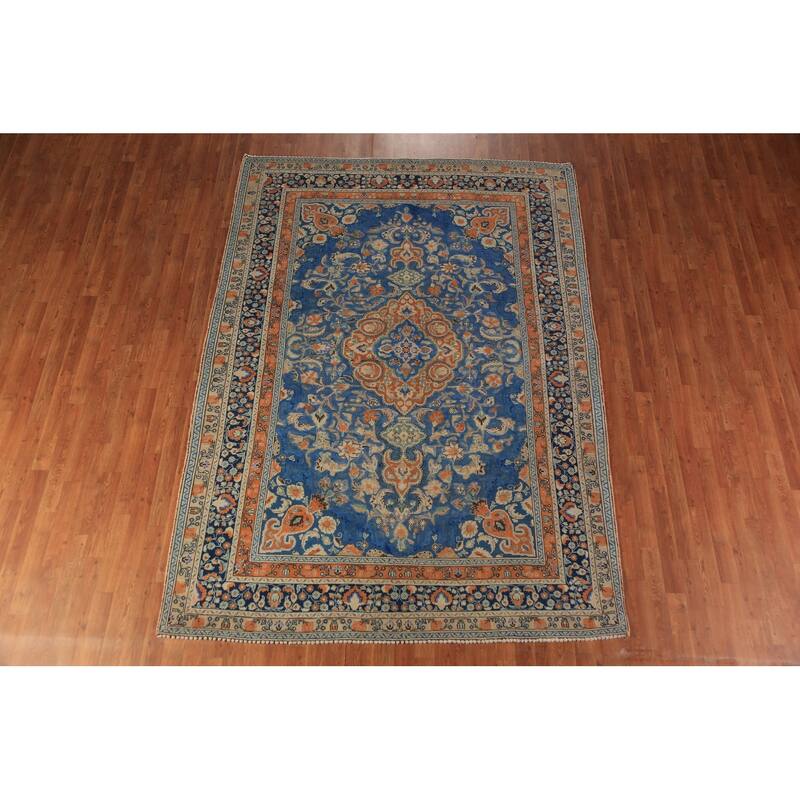 Blue & Orange Tabriz Persian Area Rug Handmade Wool Carpet - 6'8"x 9'3"