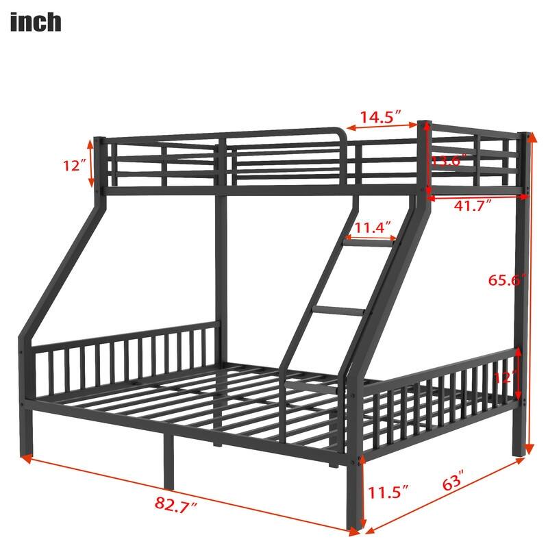 Modern Full XL Over Queen Size Metal Frame Bunk Bed with Ladder and Slats Support, Black