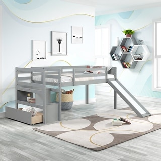 Gray Twin Size Solid Wood Low Loft Bed with Stairs and Slide