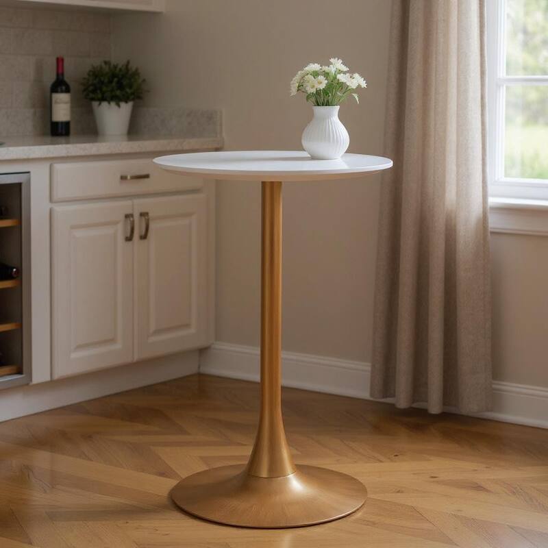 HomeRoots 24" White and Gold Wood and Steel Rounded Bar Table - 24.00 in. x 41.70 in. x 24.00 in. - White