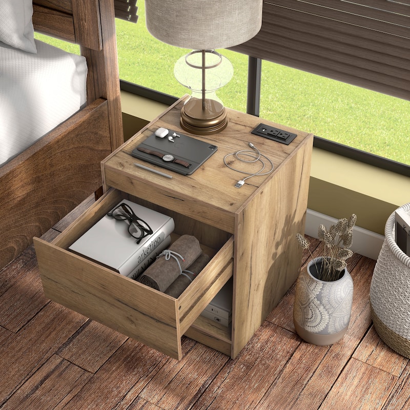 DH BASIC Rustic Light Oak 1-Drawer Nightstand with Charge Stand and Open Shelf by Denhour