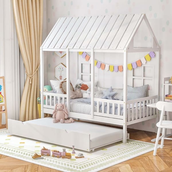 slide 2 of 12, Costway Twin Size House Bed with Trundle Fence Decor Wooden Windows White - See Details