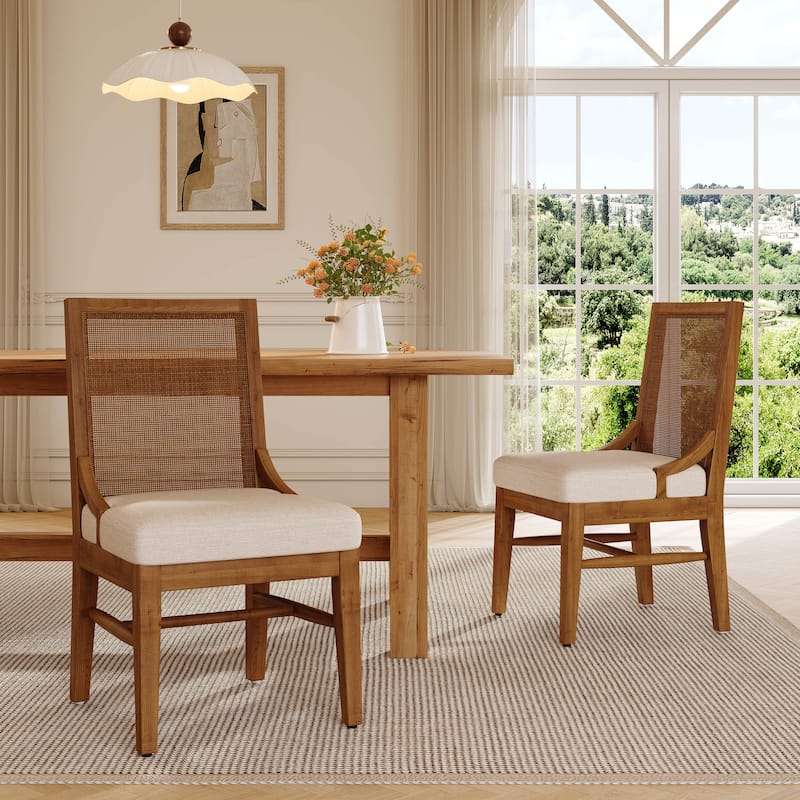 Christopher Knight Home - Upholstered Modern Fabric Chair with Cane Back and Rubber Wood Legs (Set of 2)