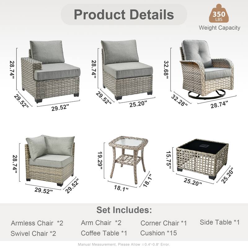 OVIOS 9 Pieces Swivel Chair Set Wide Arm T shaped Seat With Solar-Powered Coffee Table