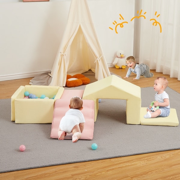 slide 2 of 19, 6PCs Indoor Toddler Climbing Blocks with Ball Pit, Foam Soft Playset for Crawl Activity with Slide Stairs and Ramp Beige & Pink