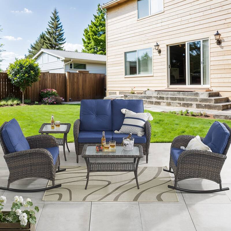 Outdoor Rocking Chair Table with Loveseat - Blue - Brown - Brown - Grey