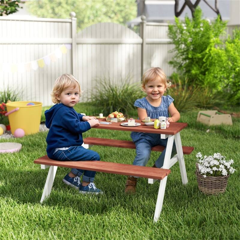 Kids Picnic Table and Bench Set Fir Wood Pecan White Toddler Play Activity Table for 3-8 Years - 35" L x 31" W x 19.75" H