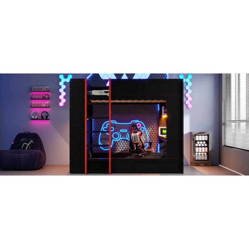 Roomfitters Full Size Gaming Bunk Bed with Desk, Storage Shelves, LED and Charging Station, Black