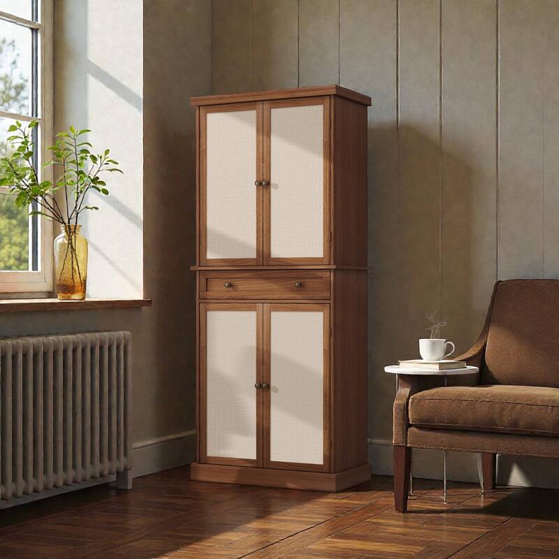 4 Door Storage Cabinet with Drawer, Adjustable Shelves Rattan Accent Cabinet with Anti-Tip Design