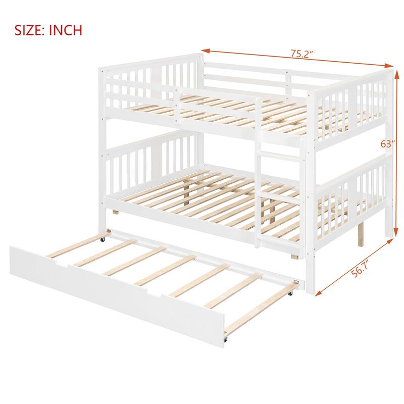 Full over Full Wooden Bunk Bed Frame with Twin Size Trundle and Ladder