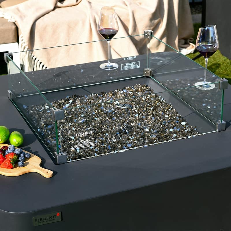 Elementi Plus Bergamo Outdoor Fire Pit Table Concrete Square 60000 BTU - 42.1 x 42.1 inches with Lid, Fire Glass, and Cover