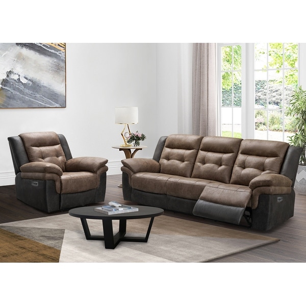 Abbyson Tacoma 2 Piece Two Tone Fabric Power Reclining Sofa and Recliner Set