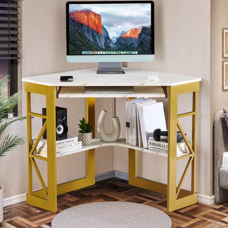 VECELO Triangular Corner Desk with Keyboard Tray Space Saving Metal Computer Desk for Home Office Study Bedroom - Gold