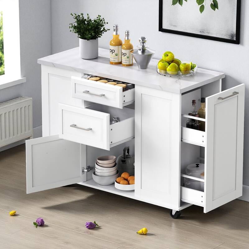 50.7" Rolling Kitchen Island with Tilt Trash Cabinet, Drop Leaf, Pull-Out Organizer, 2 Drawers and 1 Door - White