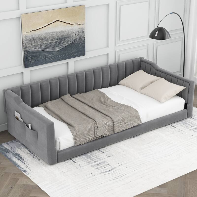 Twin XL Size Upholstery Daybed and Side Storage pocket - Grey