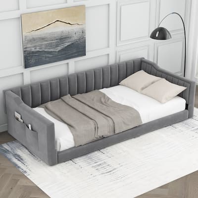Twin XL Velvet Upholstered Daybed with Side Storage Pocket, Sloped Arms, and No-Box Spring Support