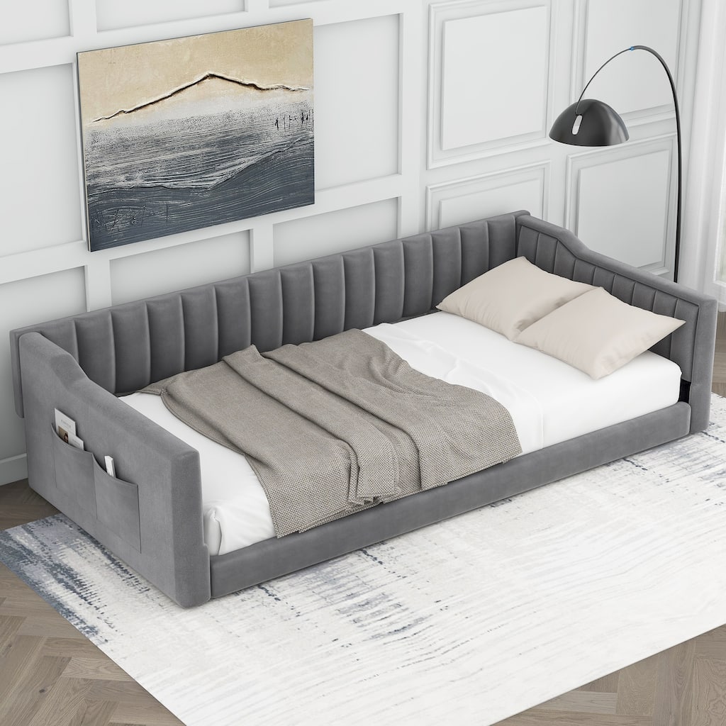 Twin XL Velvet Upholstered Daybed with Side Storage Pocket, Sloped Arms, and No-Box Spring Support