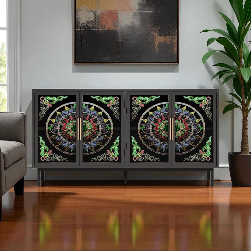 60" Stained Glass Decorative Cabinet with Metal Frame, 4 Doors, Artistic Storage Buffet for Living or Dining Room