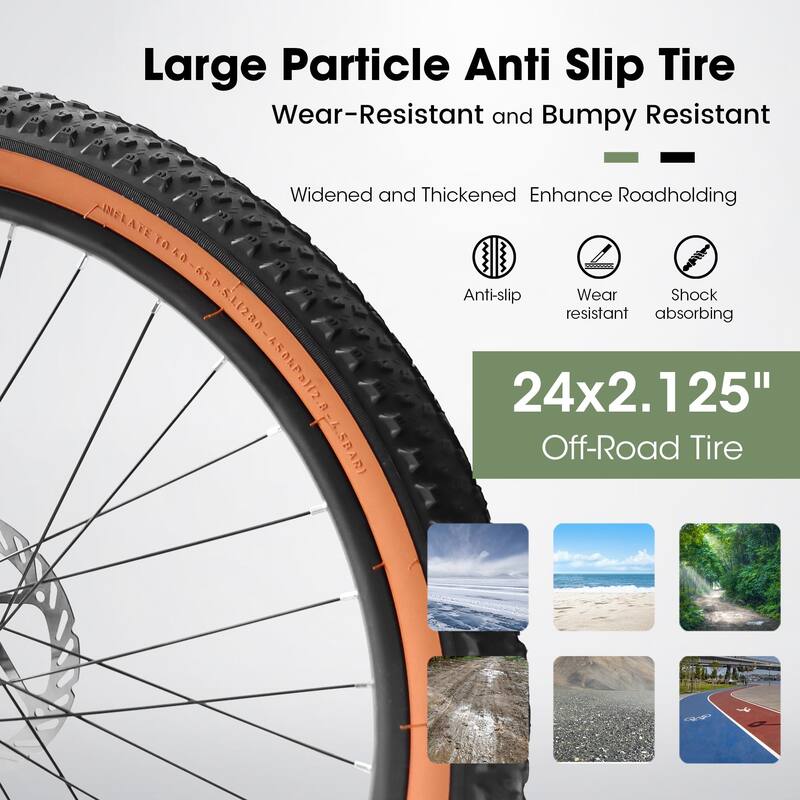 24 Inch Mountain Bike For Teenagers, High Carbon Steel Frame, Disc Brakes, Durable Design, Brown Edge Tires