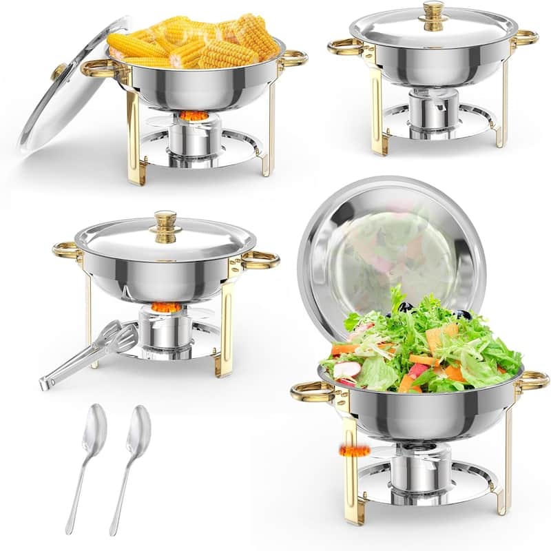 6 Pack 5QT Round Chafing Dishes Buffet Set with Lids - Includes Lid Holder Serving Spoon Tweezers - 5L 4-piece set