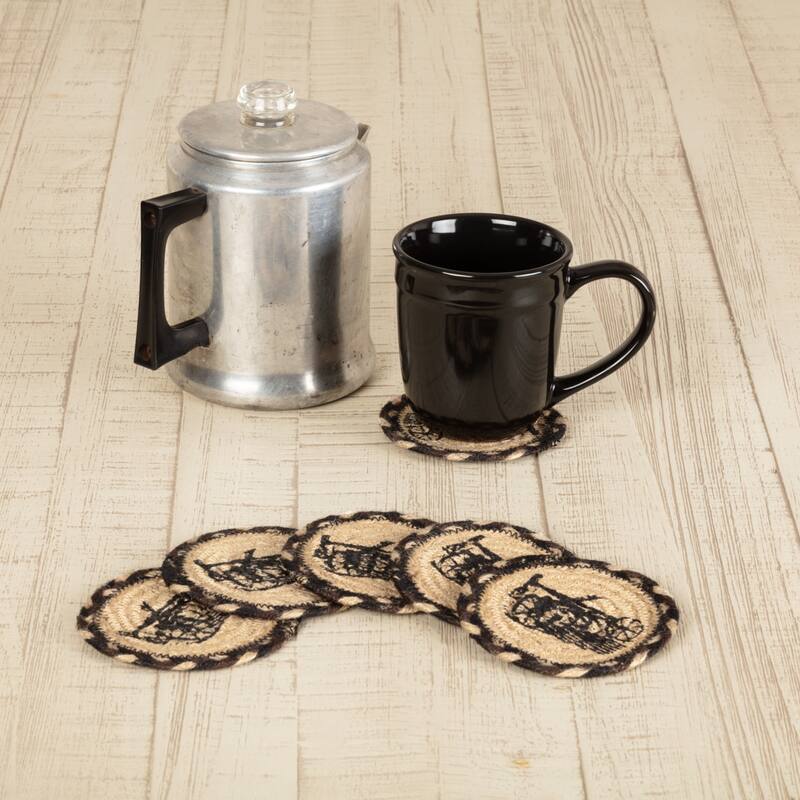 Sawyer Mill Charcoal Plow Jute Coaster Set of 6 - Coaster Set - Coaster Set - Set of 6 - Natural Light/Caviar/Autumn Brown