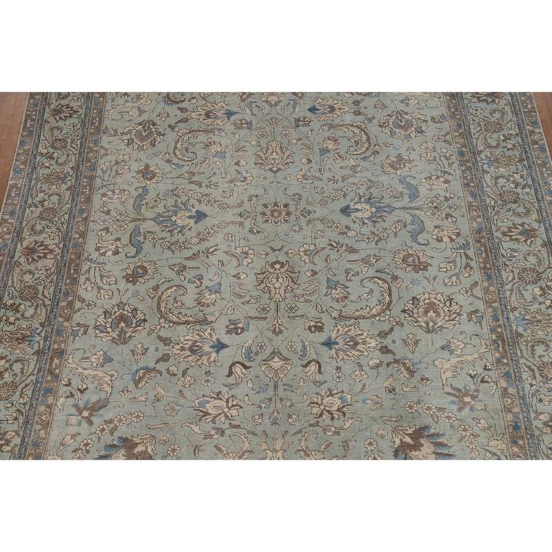 Blue Tabriz Persian Rug Hand-Knotted Distressed Floral Wool Carpet - 7'4"x 10'8"