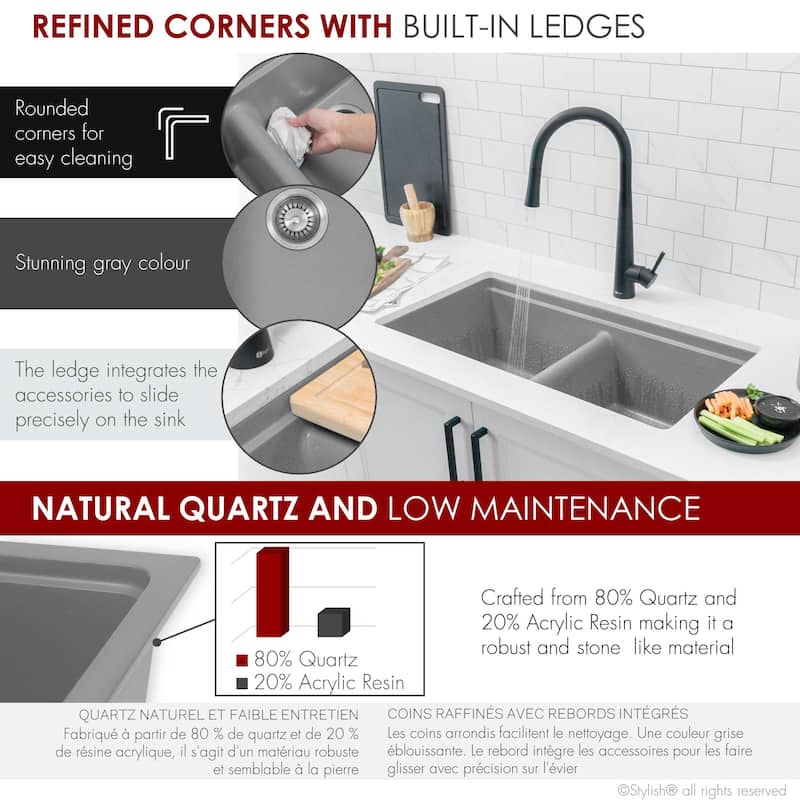 STYLISH Dual Mount 33" Double-Bowl Composite Granite Kitchen Sink - 33" x 18" x 9.5"