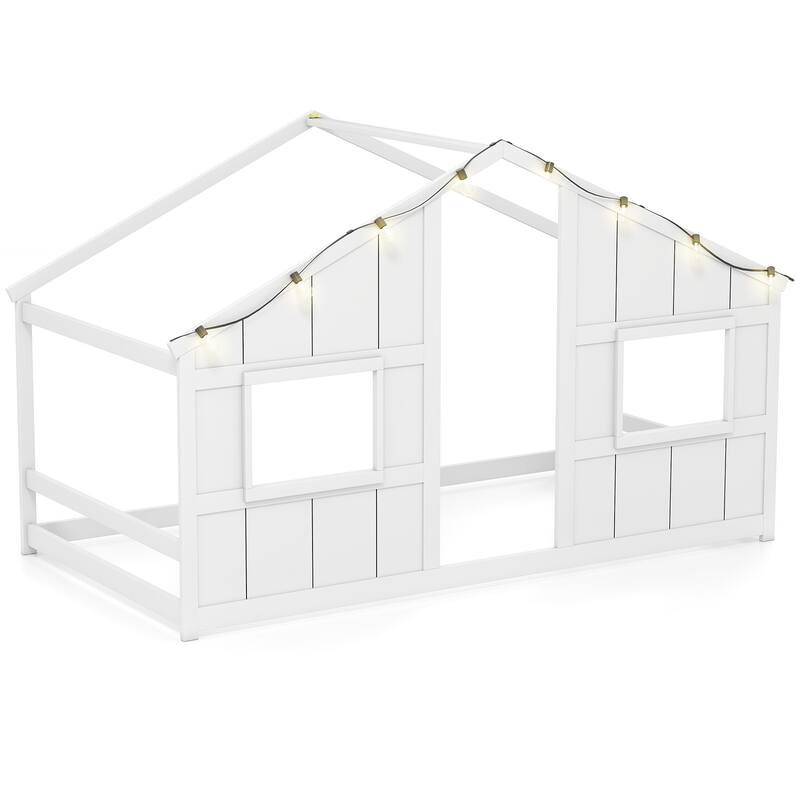 Twin Size Kids Floor Bed with LED Lights and Solid Wooden Montessori House Design