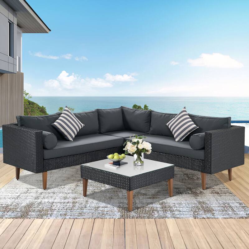 4 Piece Outdoor Furniture Set, All Weather Conversation Set, L-Shape Wicker Sofa Set with Pillows and Coffee Table