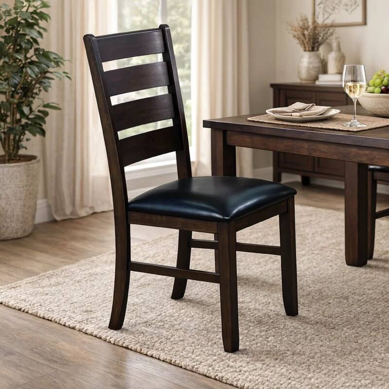 Ladder Back Wooden Side Chair with Leatherette seat, Set of 2, Black and Brown