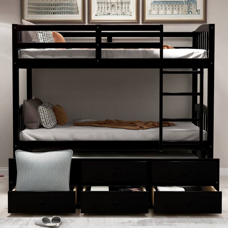 Twin Bunk Bed with Ladder, Safety Guardrails, and Trundle, 3 Storage Drawers, Convertible into 2 Beds, White/Grey/Espresso