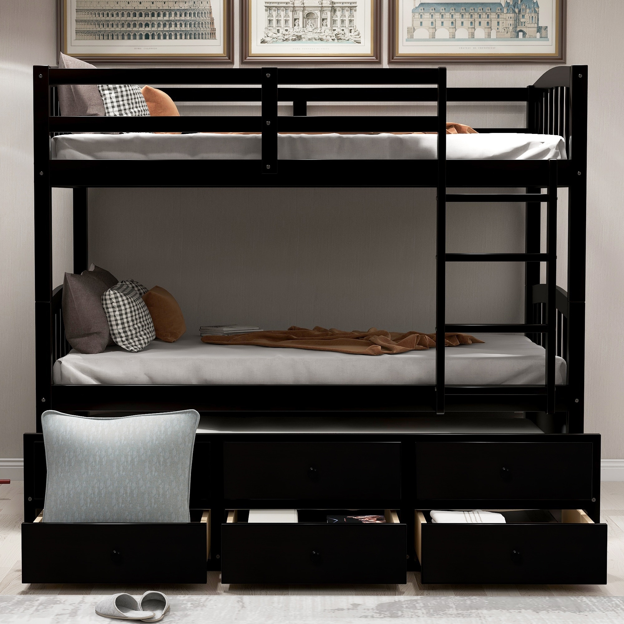 Twin Bunk Bed with Ladder, Safety Rail, Twin Trundle Bed with 3 Drawers