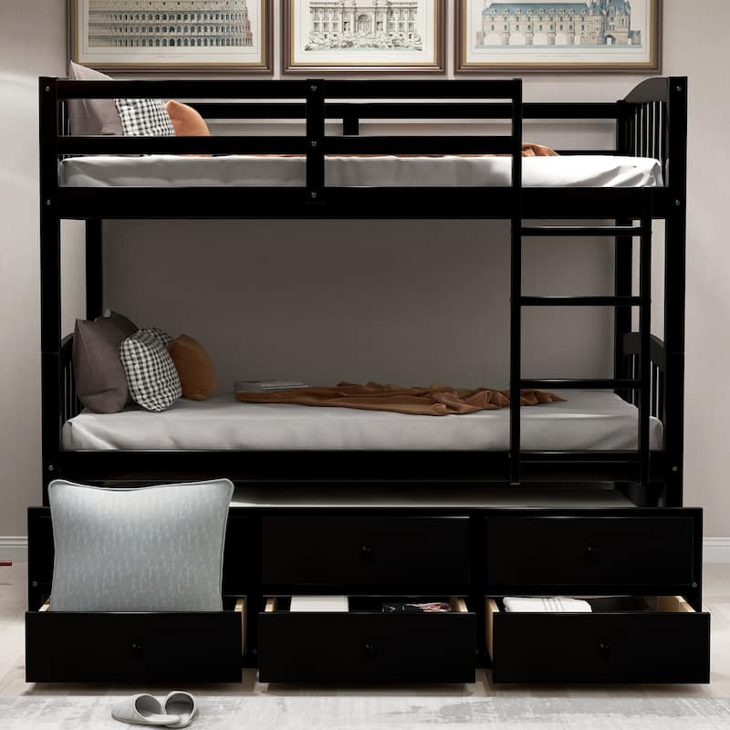 Twin Over Twin Bunk Bed with Ladder and Safety Rail, Twin Trundle Bed with 3 Drawers for Teens Bedroom, Guest Room Furniture - Espresso - Twin