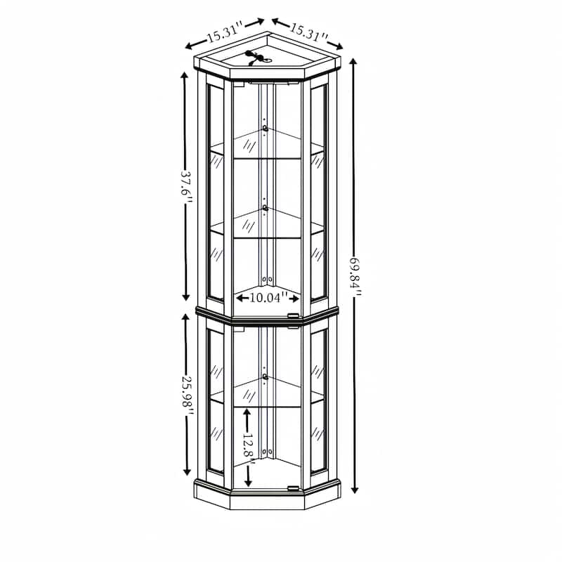 Lighted Corner Curio Cabinet with Glass Doors, Tall Display Case with Mirrored Back for Living Room