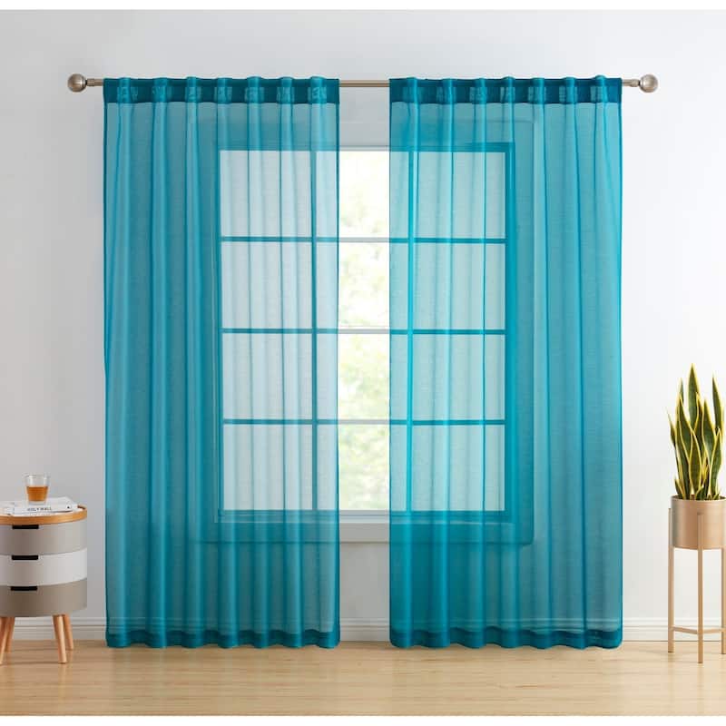 HLC.me Lauren Semi Sheer Rod Pocket & Back Tab Window Curtains Panels, Set of 2 - 54 W x 84 L per panel - Set of 2 - Teal Blue