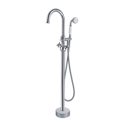 3-HandleTub Faucet Floor-Mount Cross Handle Faucet with Hand Shower