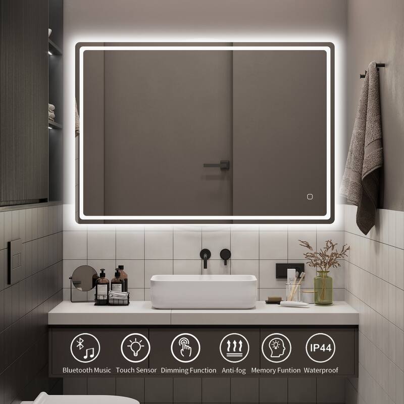 27.55 in. W x 39.37 in. H Rectangular Frameless Wall-Mounted Bathroom Vanity Mirror with Lights Anti Fog Touch Control - Silver