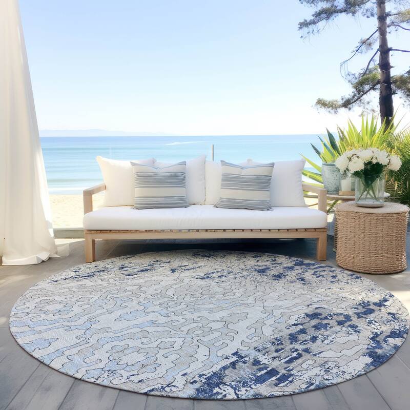 Machine Washable Indoor/ Outdoor Chantille Transitional Rug - Navy - 8' x 8'